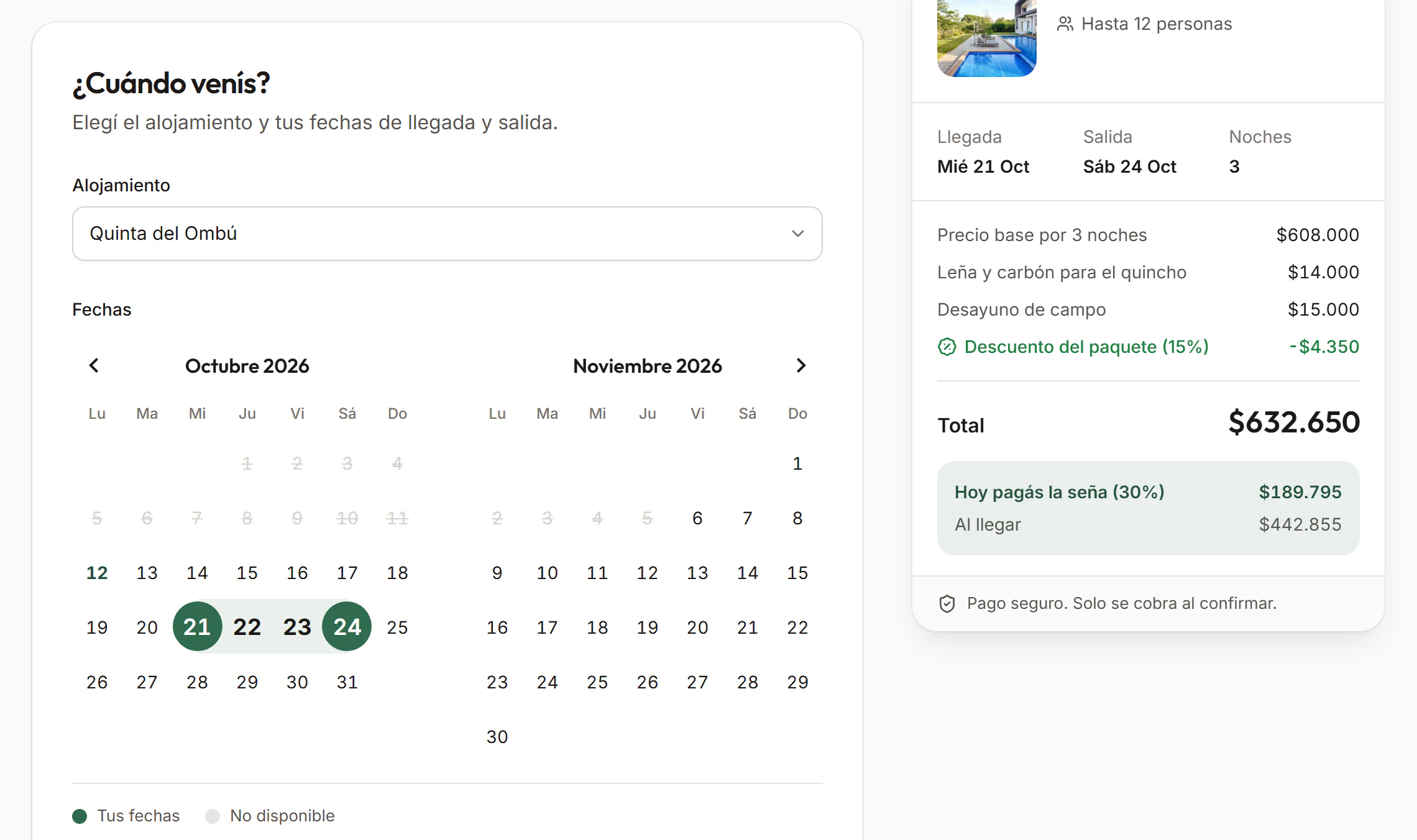 Paso de reserva con calendario de dos meses y resumen con total, seña del 30 por ciento y pago seguro