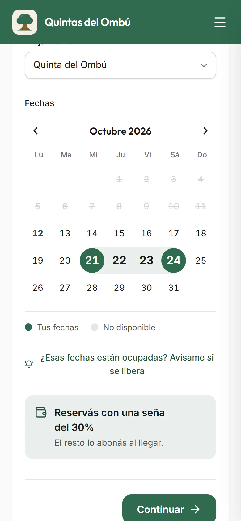 Paso de reserva del sitio de demostración visto en un celular