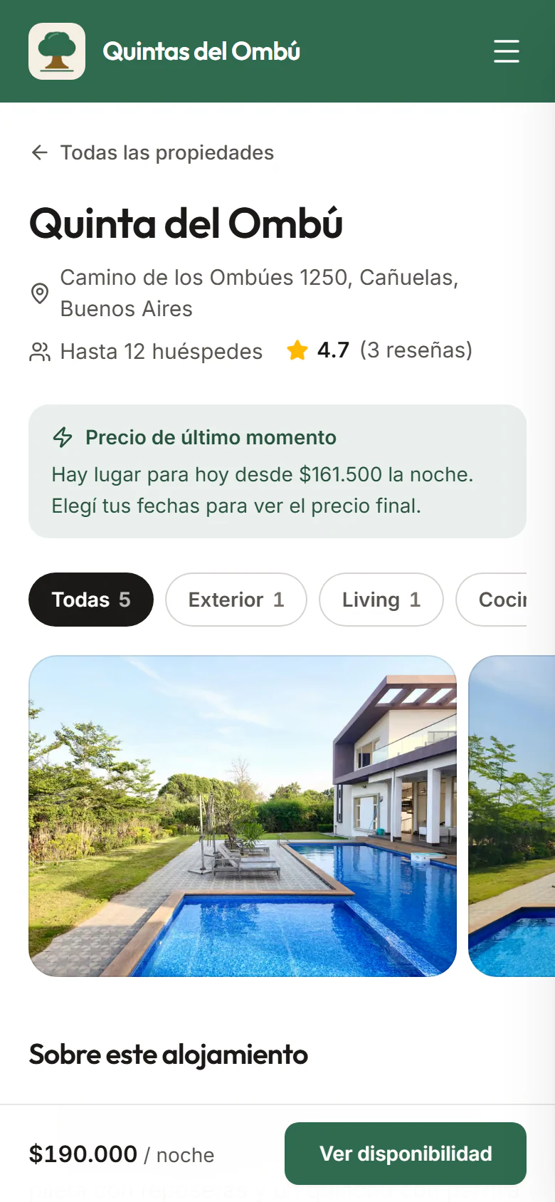 Ficha de una propiedad del sitio de demostración vista en un celular