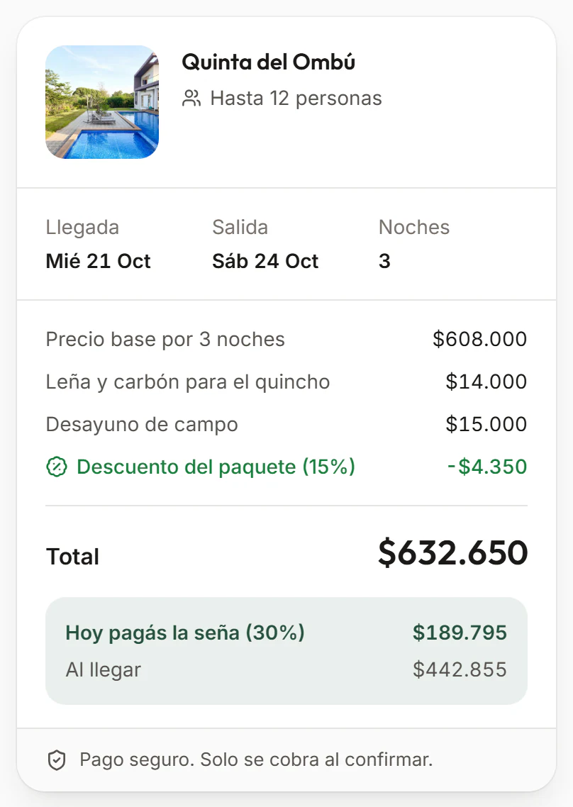 Cotización de tres noches con extras, descuento del paquete, total y seña a pagar hoy