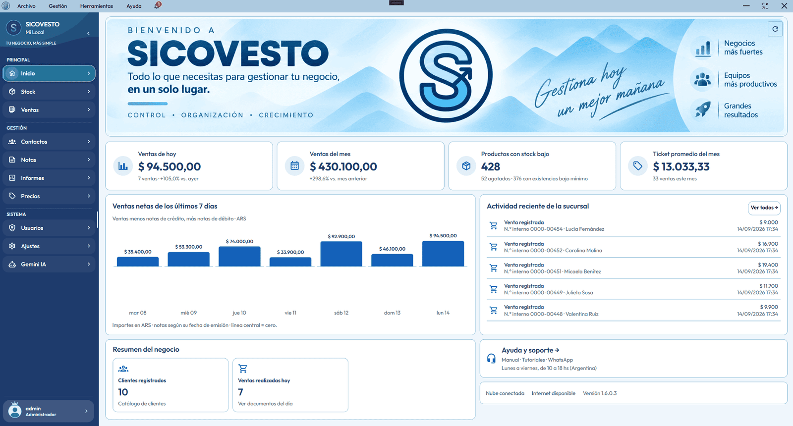 Panel principal de SICOVESTO · Claro · celeste