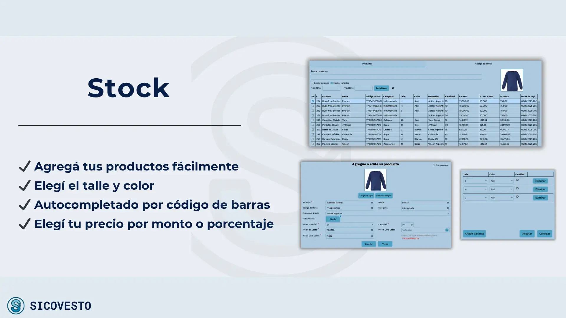 Stock por talle, color y variante