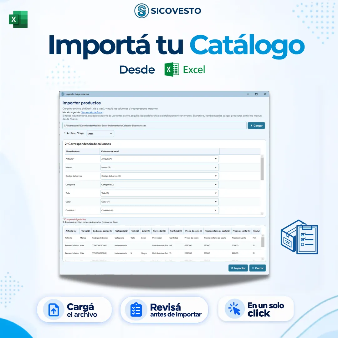 Importá talles, colores y stock