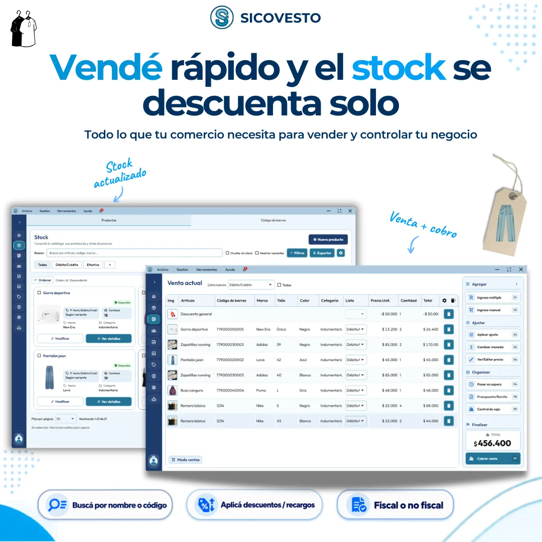 Pantalla de ventas de SICOVESTO Indumentaria con variantes de talle y color