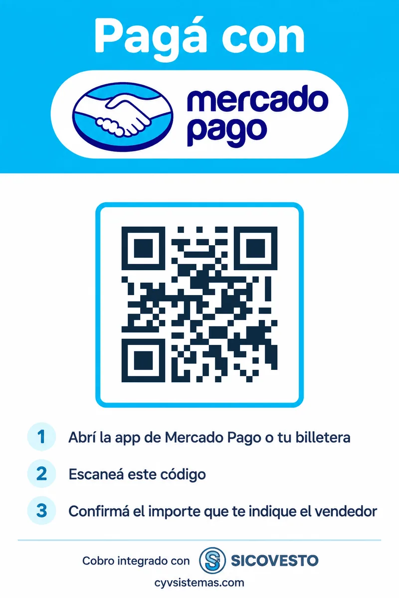 Cartel de mostrador «Pagá con Mercado Pago» con código QR y el sello de SICOVESTO
