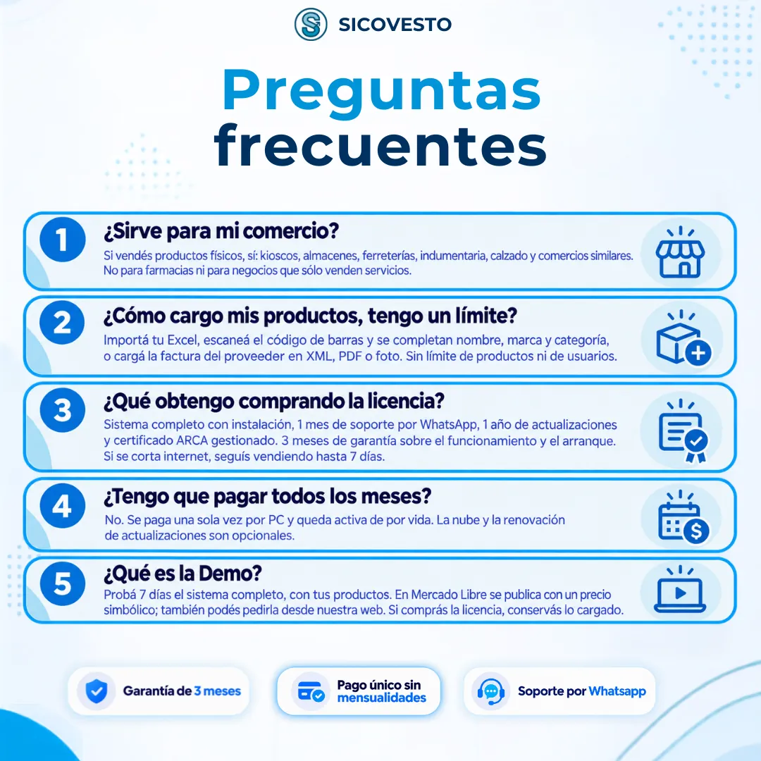 Preguntas frecuentes sobre el control de stock en SICOVESTO: descuento por venta, importación desde Excel, internet y precios
