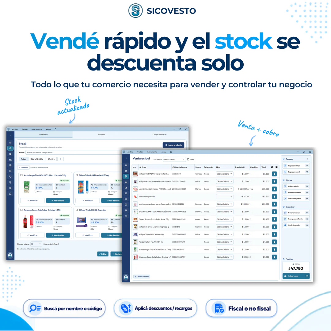 Pantallas de ventas y stock de SICOVESTO