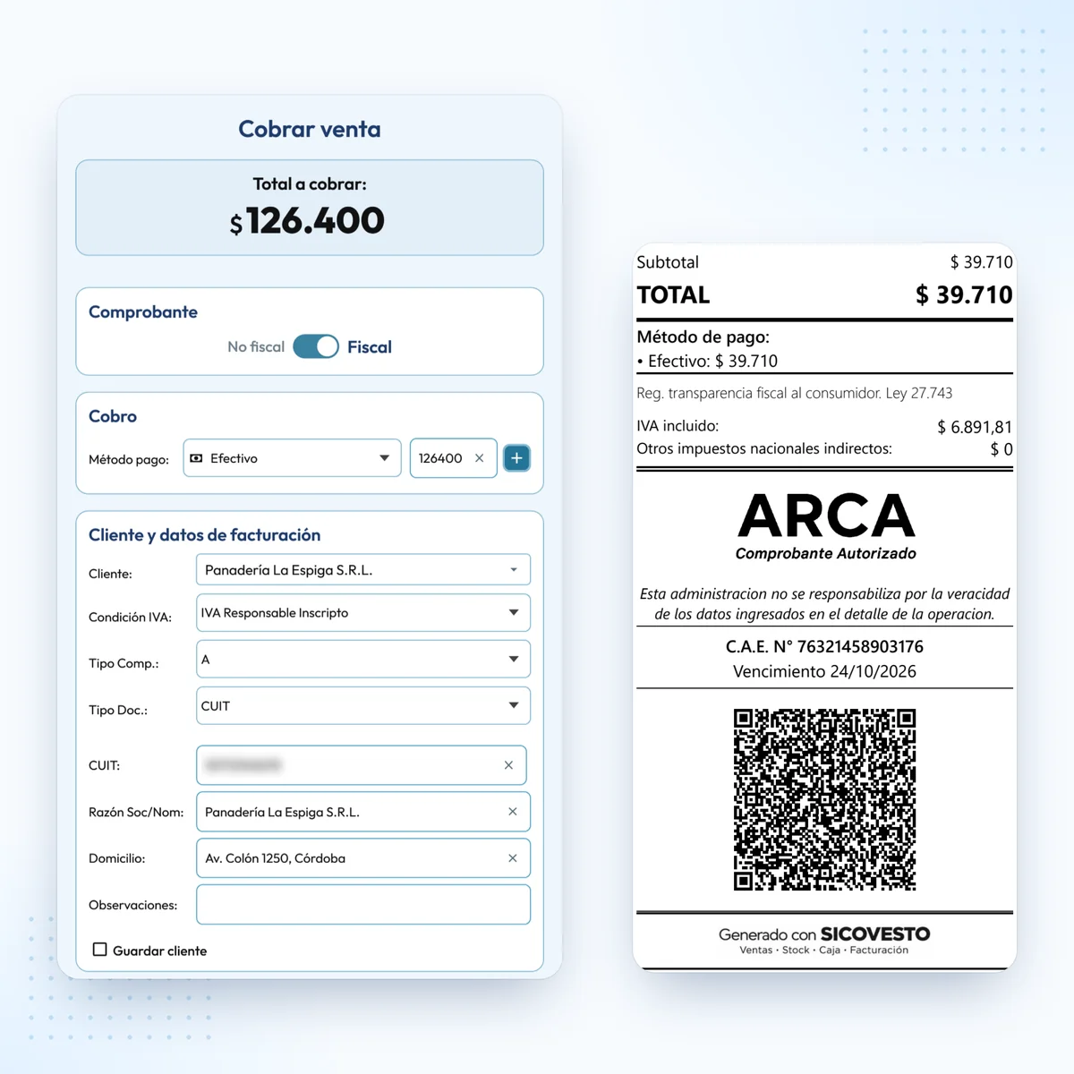 Cobro con factura fiscal en SICOVESTO y comprobante autorizado por ARCA con CAE y QR